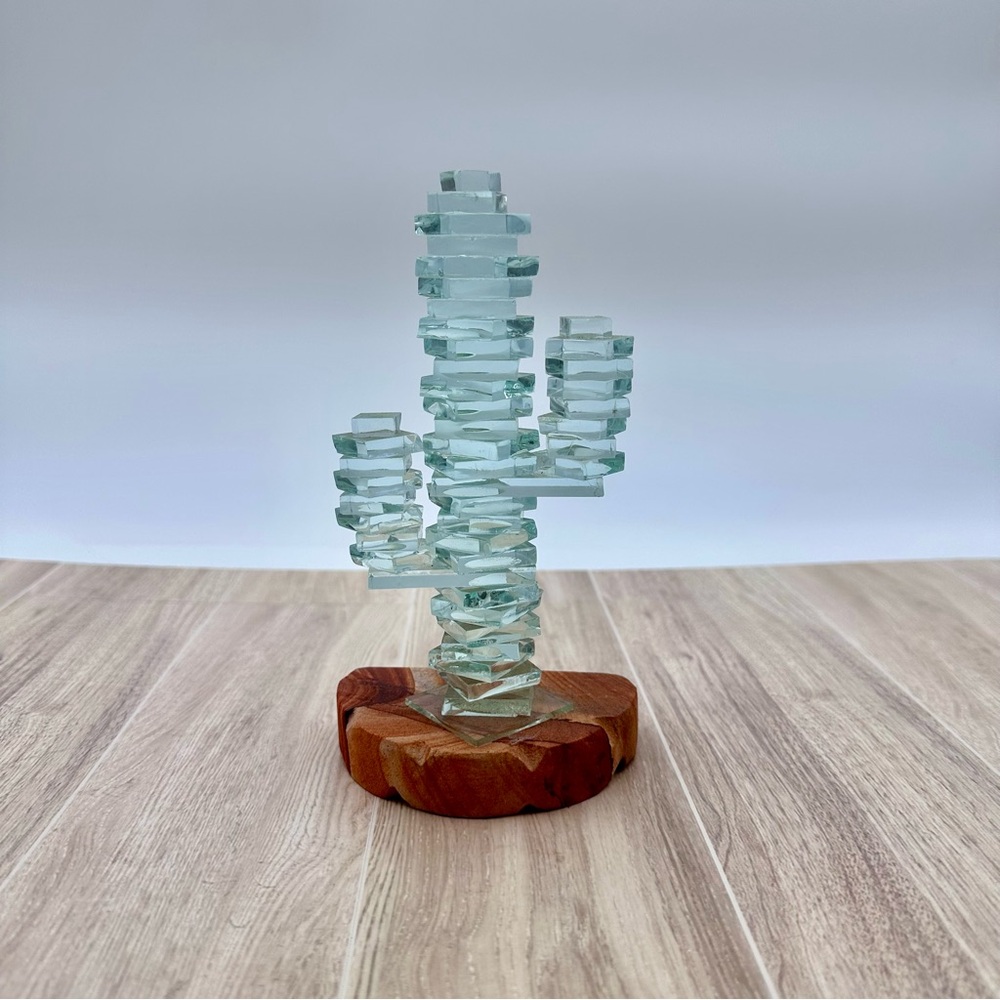 8” Art Glass Stacked Desert Cactus Wooden Base Southwest Sculpture Decor